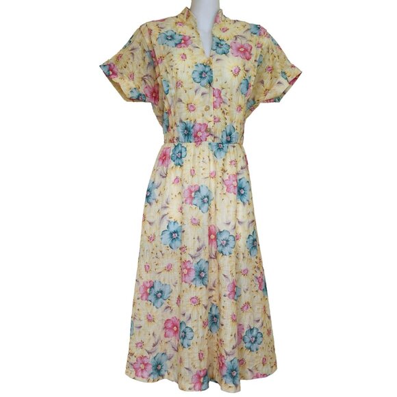 D'Allaird's Yellow Midi Dress Floral Print Short Sleeves Vintage 80s - Picture 1 of 8